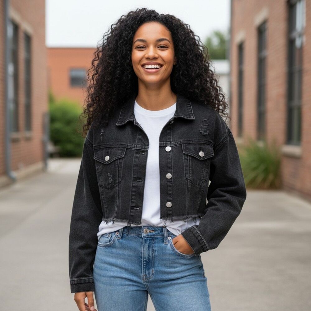 ROMWE Cropped Denim Jacket Womens S Black Distressed Button Up Stretch